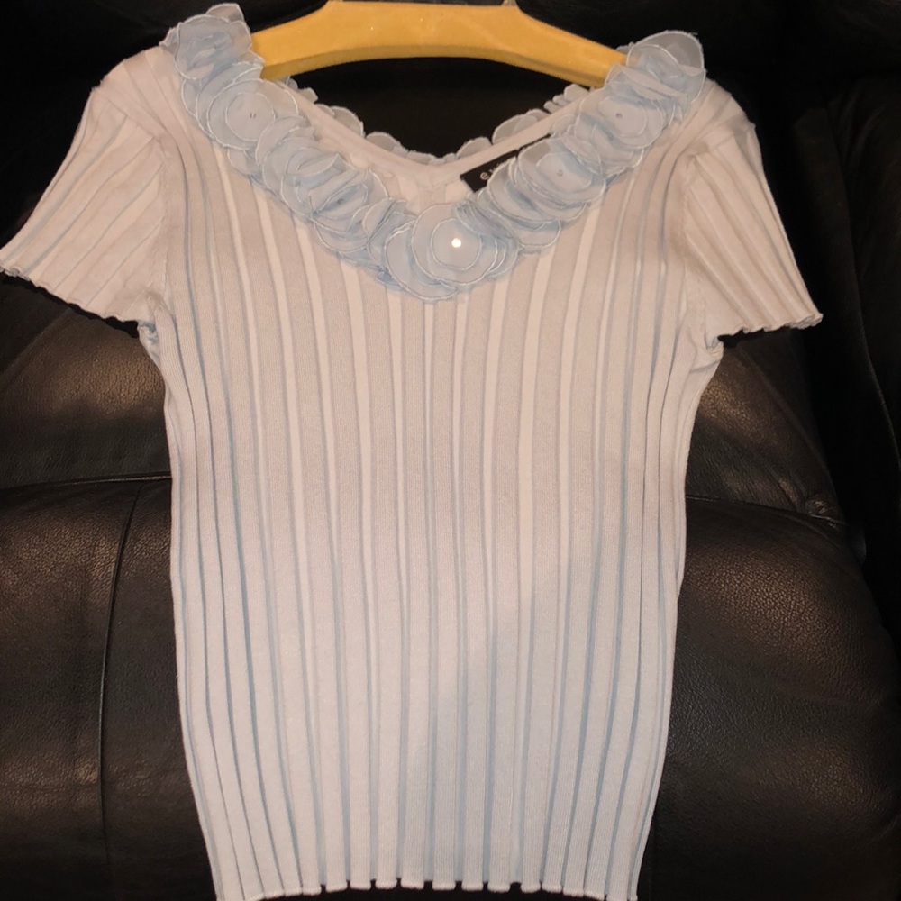 Pale blue sweater with organza & sequin trim. Sz Large